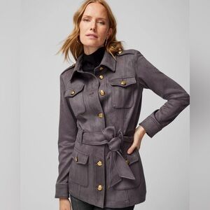 White House Black Market Ultra Suede Safari Jacket Gray Size Medium Belted